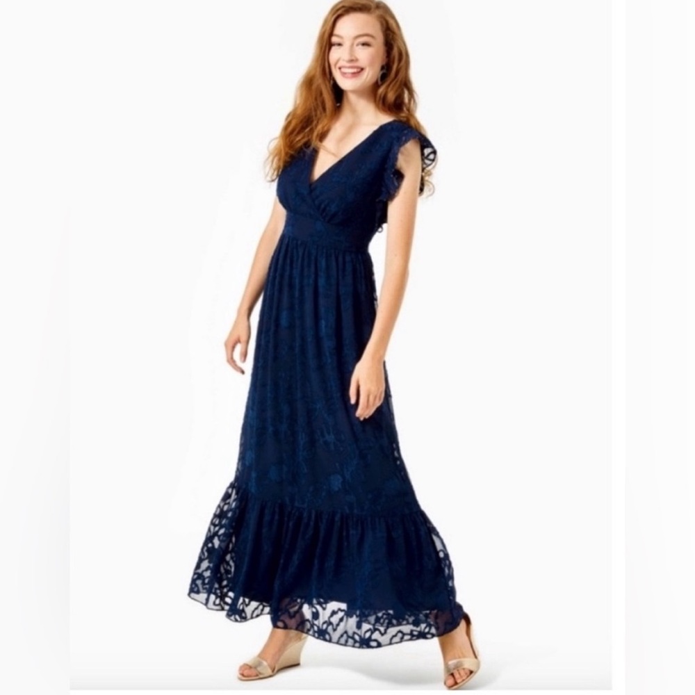Elegant Navy Blue Lace Maxi Dress